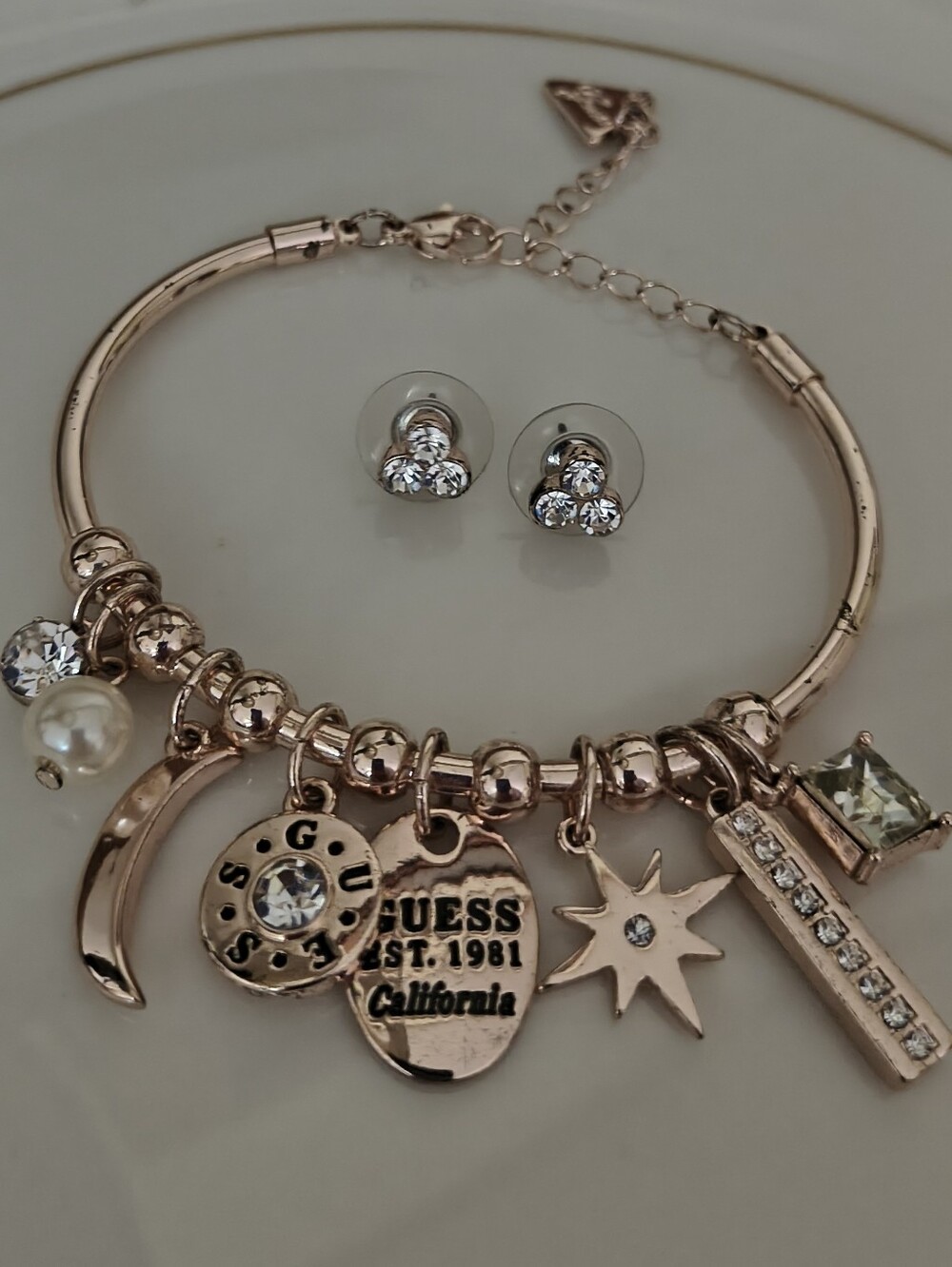 Authentic GUESS  Gold Charm Moon Star Pearl Rhinestone Bracelet & Earrings Set